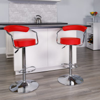 Flash Furniture Contemporary Red Vinyl Adjustable Height Bar Stool with Arms and Chrome Base CH-TC3-1060-RED-GG